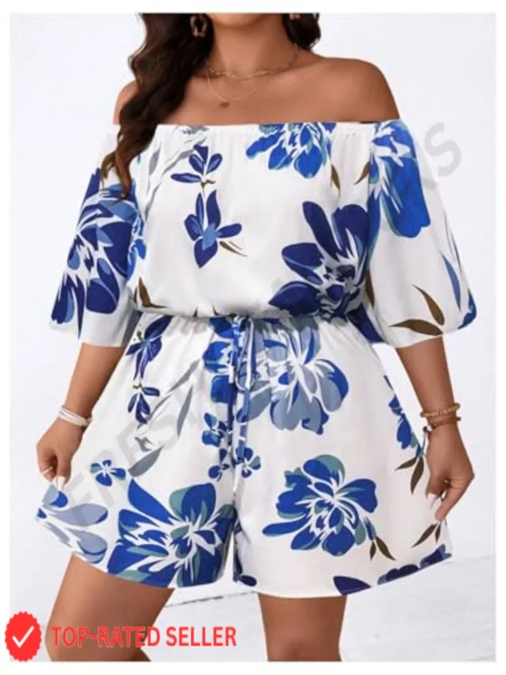 Plus Size Floral Off Shoulder Romper Wide Leg Short Jumpsuit Vacation